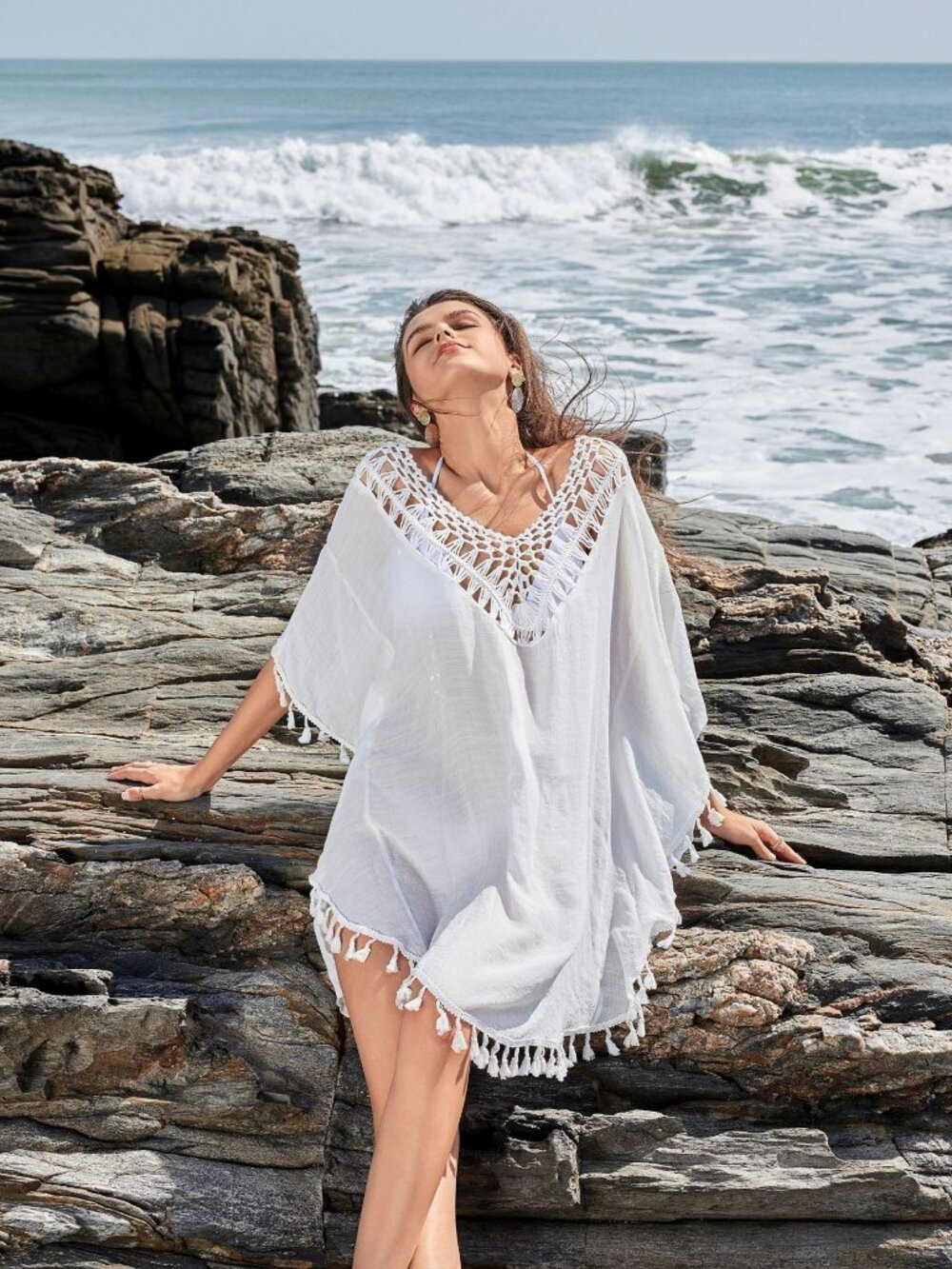 Women's White Beach Cover-Up – Lightweight Solid Color Sunscreen Kimono Cardigan
